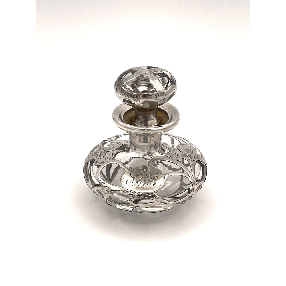 Art Nouveau Alvin Mfg. Co. Fine Silver Overlay Crystal Perfume Bottle 3110 3"